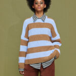 'MYRTO' KNITTED STRIPED BLOUSE (CHOCOLA/LIGHT BLUE)