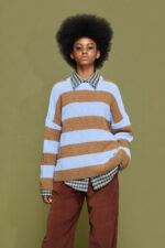 'MYRTO' KNITTED STRIPED BLOUSE (CHOCOLA/LIGHT BLUE)