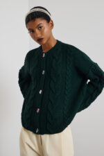 'DAMON' KNITTED CARDIGAN WITH RHINESTONE BUTTONS (DARK GREEN) - Image 3