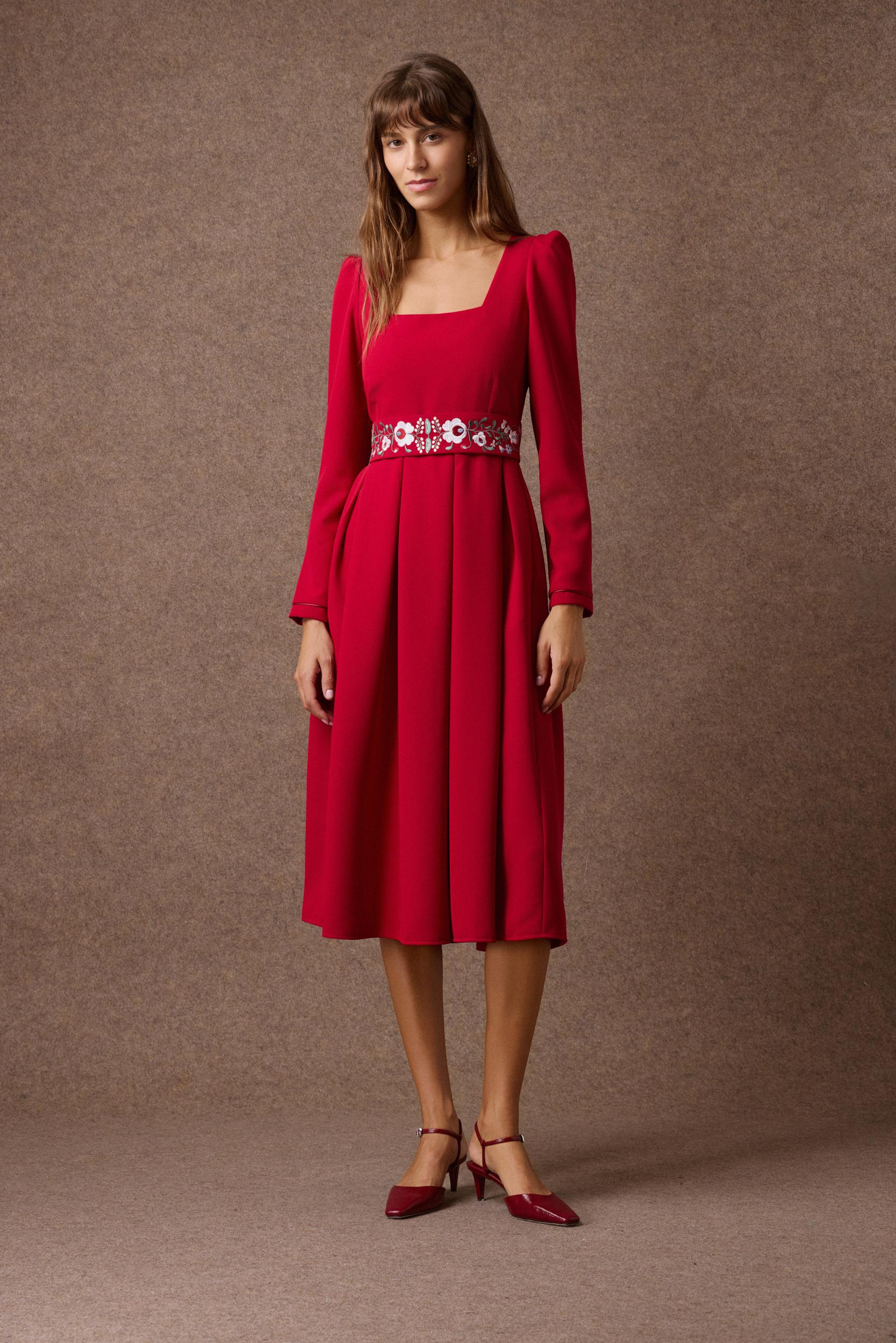 mamoush-30-08-3149 (1) 'NEFELI' MIDI DRESS WITH EMBROIDERED BELT (RASPBERRIEY RED) - Image 1