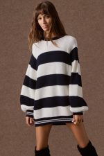 'AGNES' STRIPED KNITTED T-SHIRT (NAVY BLUE/VANILLA) - Image 2