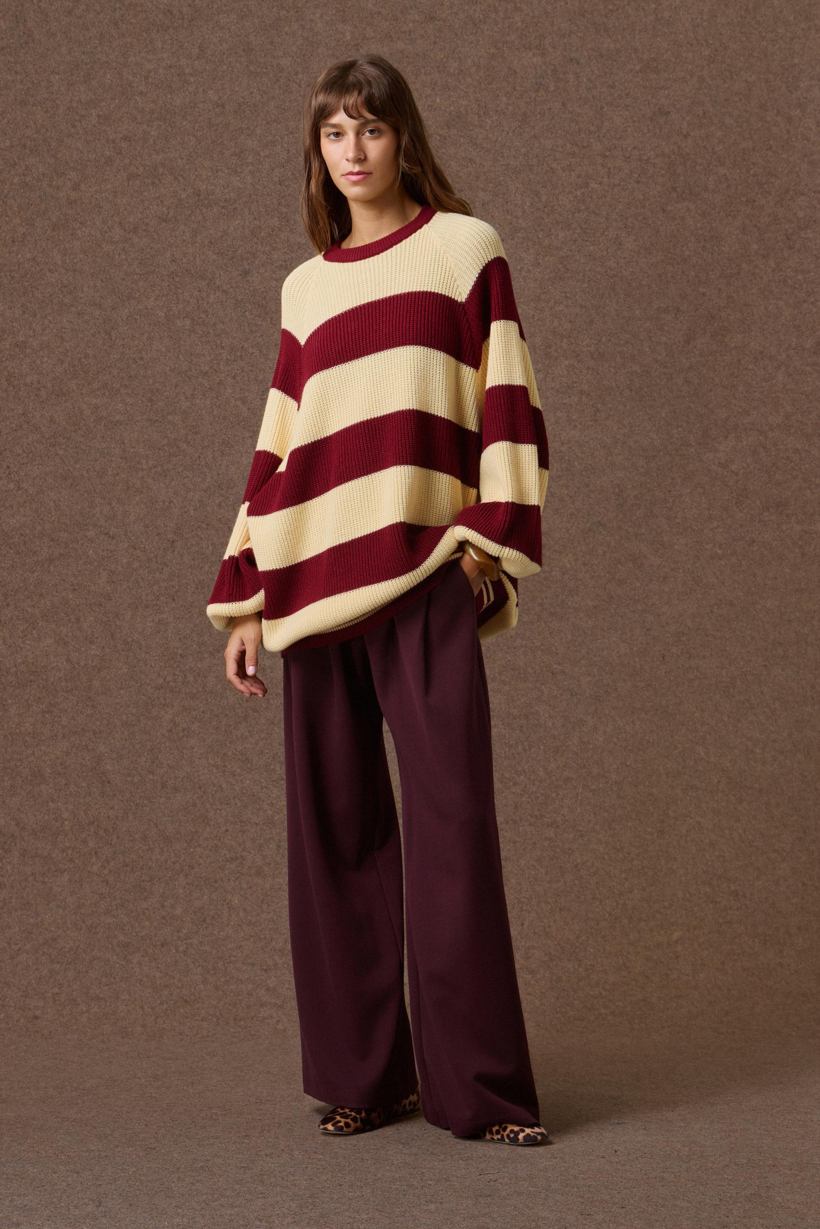 mamoush-30-08-2588 'AGNES' STRIPED KNITTED BLOUSE (BURGUNDY/YELLOW) - Image 1